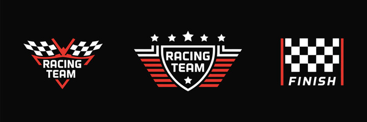 Vector set of car decoration variations, racing flag design, sticker and graphic decal elements, vinyl automotive decoration, motorsport and race car design illustration