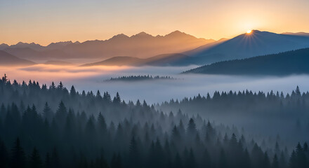 Fototapeta premium Misty Mountain Sunrise - A Serene Landscape of Forest and Peaks.