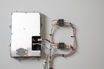 Industrial electrical junction box with labeled wiring
