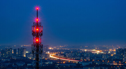 Telecommunication tower with red warning lights overlooking a city at night with long exposure light trails