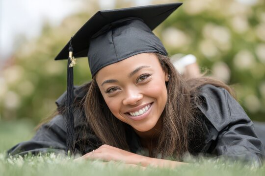 Graduation Senior Photo. Portrait of an Accomplished African American Woman in Academic Robe, Smiling Happily while Lying on Campus