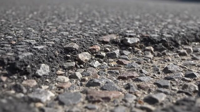 Low angle macro of damaged asphalt road pothole.