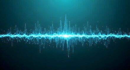 Abstract glowing blue waveform with particles and light effects on a dark teal background, representing sound or data visualization