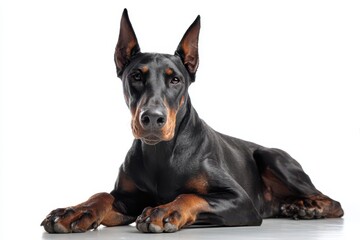 Guardian Doberman. Black Doberman Pinscher Dog Lying on White Isolated Background