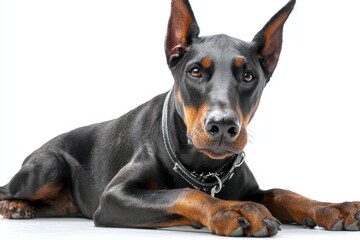 Guardian Doberman: Majestic Black Dog with White Fur Lying on Isolated Background