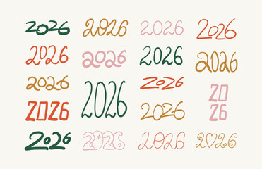 Doodle 2026 numbers drawn set in crayon, colorful hand drawn 2026 doodle lettering for new year and christmas vector illustration.