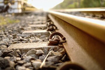 Close-up shot of railroad tracks with a selective focus on a metal rail clip and gravel, under bright sunlight.