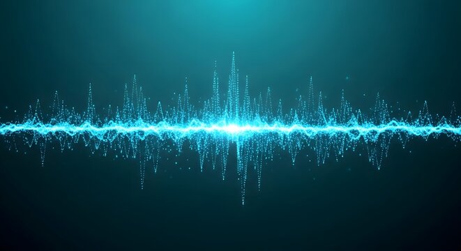 Abstract glowing blue waveform with particles and light effects on a dark teal background, representing sound or data visualization