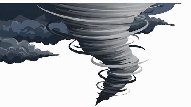 A stylized illustration depicting a powerful tornado with swirling grey clouds. A backdrop of darker cloud formations
