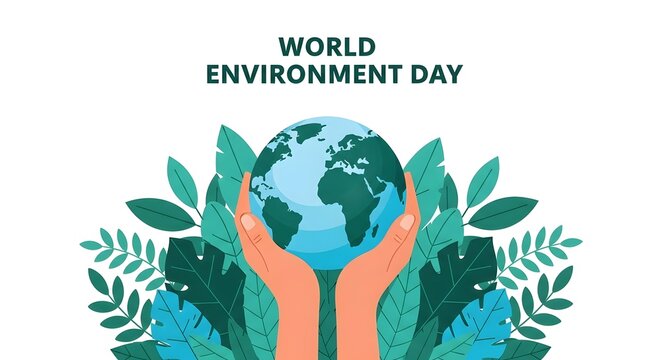 World environment day illustration with hands holding the earth surrounded by lush green leaves, symbolizing environmental protection and sustainability, isolated on white background - Powered by Adobe