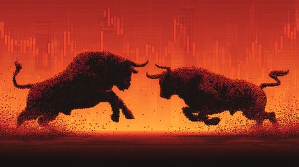 Power Struggle: Two bulls locked in a fierce, dynamic clash, their silhouettes illuminated against a fiery backdrop