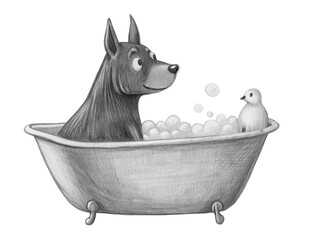 Dog in a bathtub with bubbles and a bird isolated on transparent background drawing