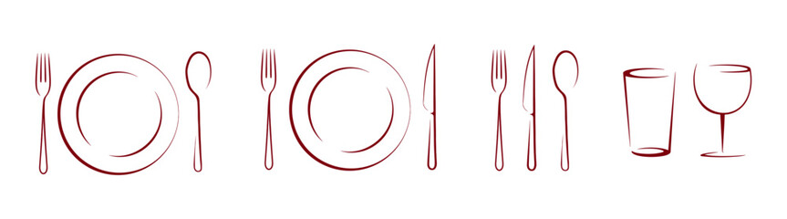 Elegant line art tableware and dining utensils set isolated on transparent background