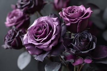 A luxurious backdrop of dark purple roses, with a single purple rose standing out against a black background, framed by an elegant greeting card adorned with exquisite roses in rich, dark tones.