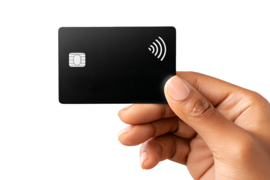 open hand holding a credit card with contactless waves, fintech payment concept, white background