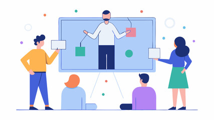 An enormous central interactive screen displaying a virtual whiteboard with participants able to draw and manipulate images simultaneously.