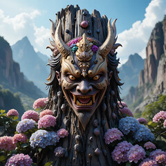 Fototapeta premium Rugged Bark with Colorful Oni and Tengu Masks Amid Hydrangeas and Rocky Mountains under Blue Sky.