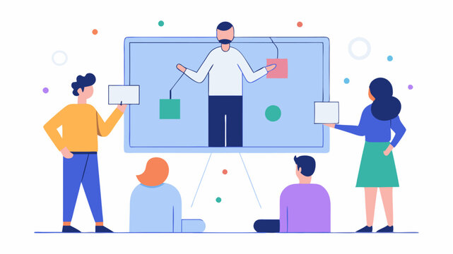 An enormous central interactive screen displaying a virtual whiteboard with participants able to draw and manipulate images simultaneously.