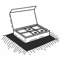 Open sushi box with six compartments on a flat surface  