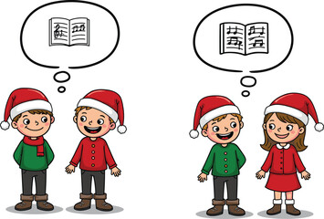 Happy children singing Christmas carols together wearing Santa hats and festive clothes, holiday music vector illustration with joyful kids expression
