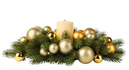 Golden Christmas Ornaments and Candle, isolated on transparent background