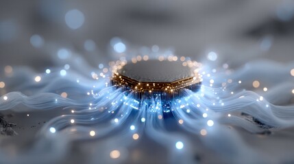 Central Processing Unit:  A close-up depiction of a state-of-the-art CPU, pulsating with radiant energy, symbolizing the core of technological innovation and computational power.