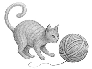 Hand drawn cat playing with yarn isolated on transparent background, a playful and cute scene