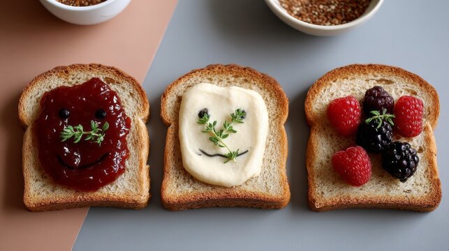 Three slices of bread with different toppings and a smiley face on one of them