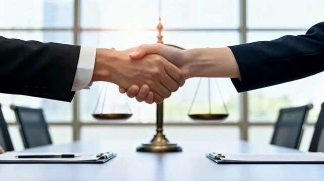 Business professionals shaking hands in a law office. Close-up on a successful deal with scales of justice in the background. Legal agreement and partnership concept