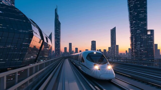Futuristic hyperloop train traveling on elevated track through a modern city at colorful sunset, advanced transport technology animation