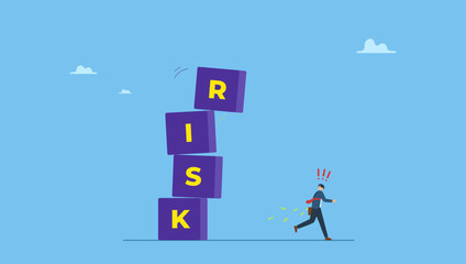 Businessman investor run away from risk collapsing box. Risk averse, avoid or minimize risk, run away from uncertainty, fear or safety decision for investment, prefer security or stability.