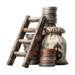 Wealth Ladder with Gold Coins and Cash