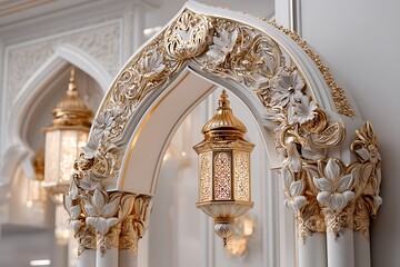 A luxurious Islamic arch adorned with elegant lanterns, framed by a white and golden background, evoking a sense of serenity and spiritual beauty.