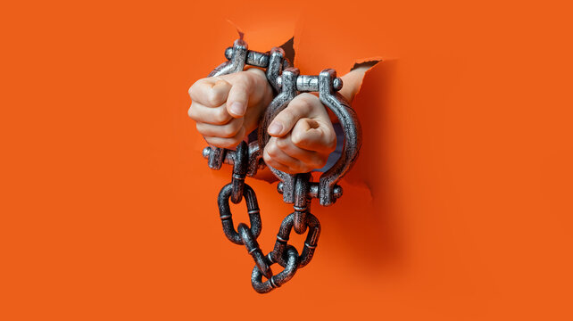 Two clenched hands in chained metal shackles emerge from a torn orange paper background.