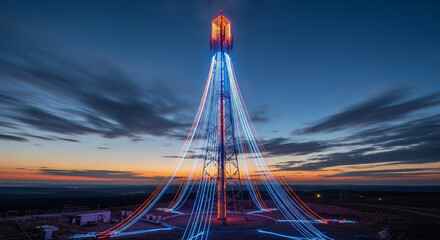 Futuristic Telecommunication Tower Illuminated by Digital Data Stream Light Trails at Sunset