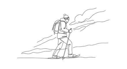 Fototapeta premium Snowshoe hiking in winter landscape in minimal line drawing style