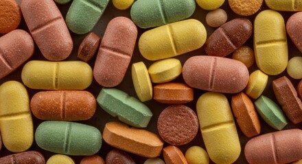 Colorful assortment of vitamin pills and supplements scattered on a surface, representing health and wellness