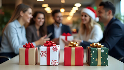 Christmas gift boxes on table, office party, business colleagues wearing santa hats - corporate holiday party, celebration, gift exchange, present, surprise, festive workplace concept