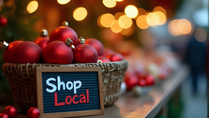 A "shop local" sign, basket of red baubles christmas ornaments, festive market stall, lights - sale, holiday shopping, small business support, commerce, sustainable, consumerism, seasonal retail store