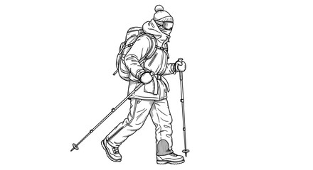 Fototapeta premium Winter hiker with poles and backpack in black and white sketch style
