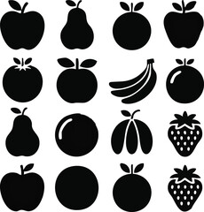 Collection of Black Fruit Silhouettes: Apples, Pears, Oranges, Bananas, and Strawberries