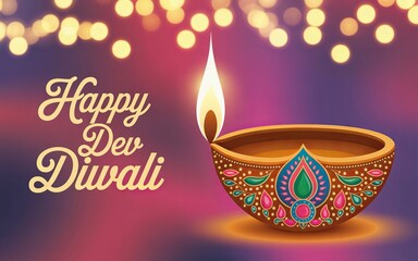 Dev Diwali celebration with glowing diya – decorative oil lamp with traditional patterns and festive lights on a radiant purple background