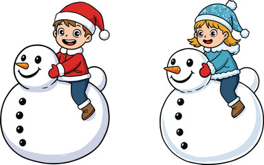 Happy children wearing winter clothes playing with snowman together in snowy season, cute Christmas holiday vector illustration for festive design