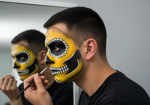 Man applying traditional Dia de Muertos makeup in front of a mirror. Male artist creating a yellow Calavera sugar skull face paint design for the Mexican holiday celebration