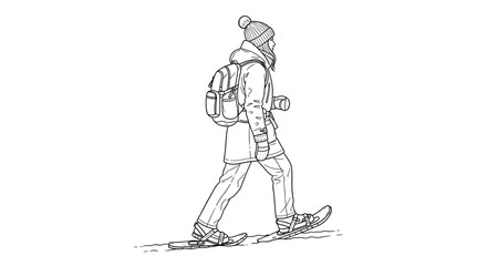 Obraz premium Person snowshoeing with backpack in black and white sketch style