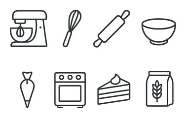 Kitchen baking tools: mixer, whisk, rolling pin, bowl, piping bag, oven, cake, flour