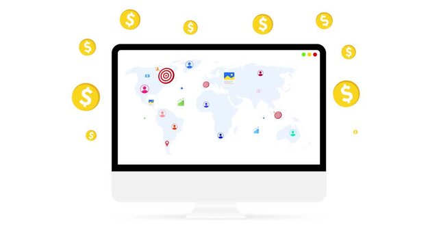 World Map showing leads, targets, and goals concept 4k animation with world map. Future, graph, user