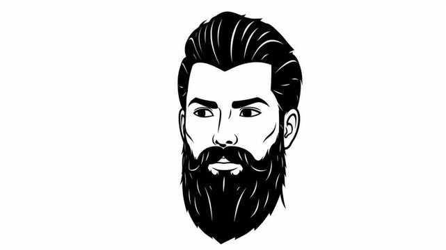 A black and white illustration of a man with a full beard and stylized hair on white