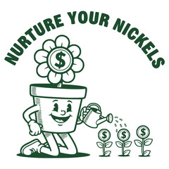 Humorous illustration of a cheerful flower pot character nurturing dollar plants, representing the concept of financial investment, savings, and wealth cultivation for future prosperity