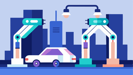 Fototapeta premium A hightech charging station that employs robotic arms to connect and disconnect cars showcasing automation in urban infrastructure.